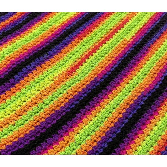 Afghan Crocheted Blanket Throw Halloween Stripe Orange Black Purple Handmade - Picture 4 of 7